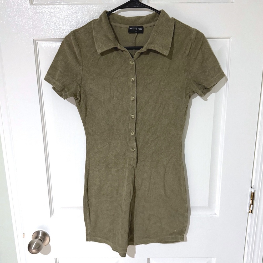 White Fox Womens Terry Cloth Button Front Romper Olive Green Short Sleeve S‎